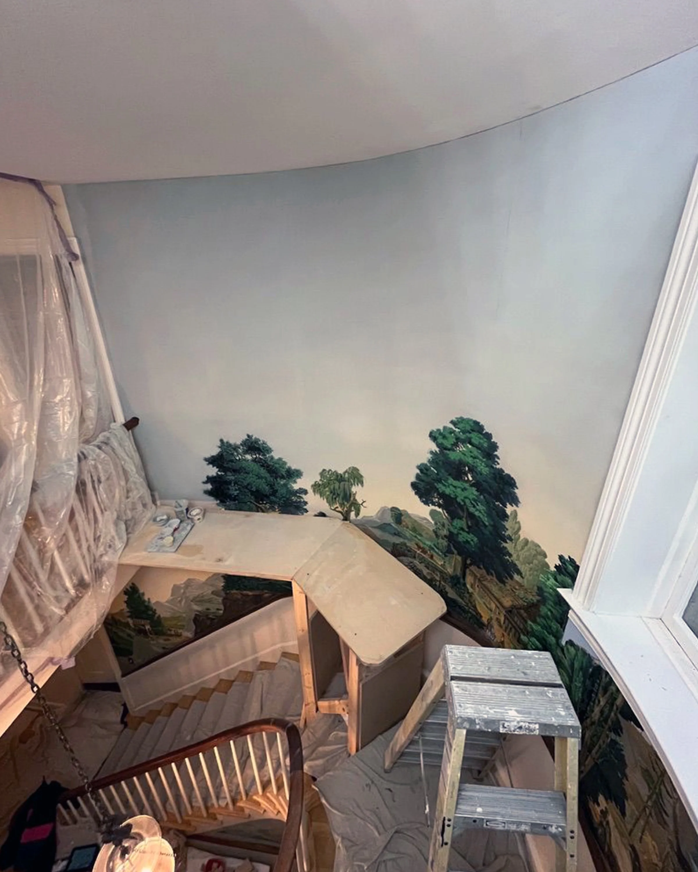 Zuber Les Vues de Suisse wallpaper during restoration with custom scaffold