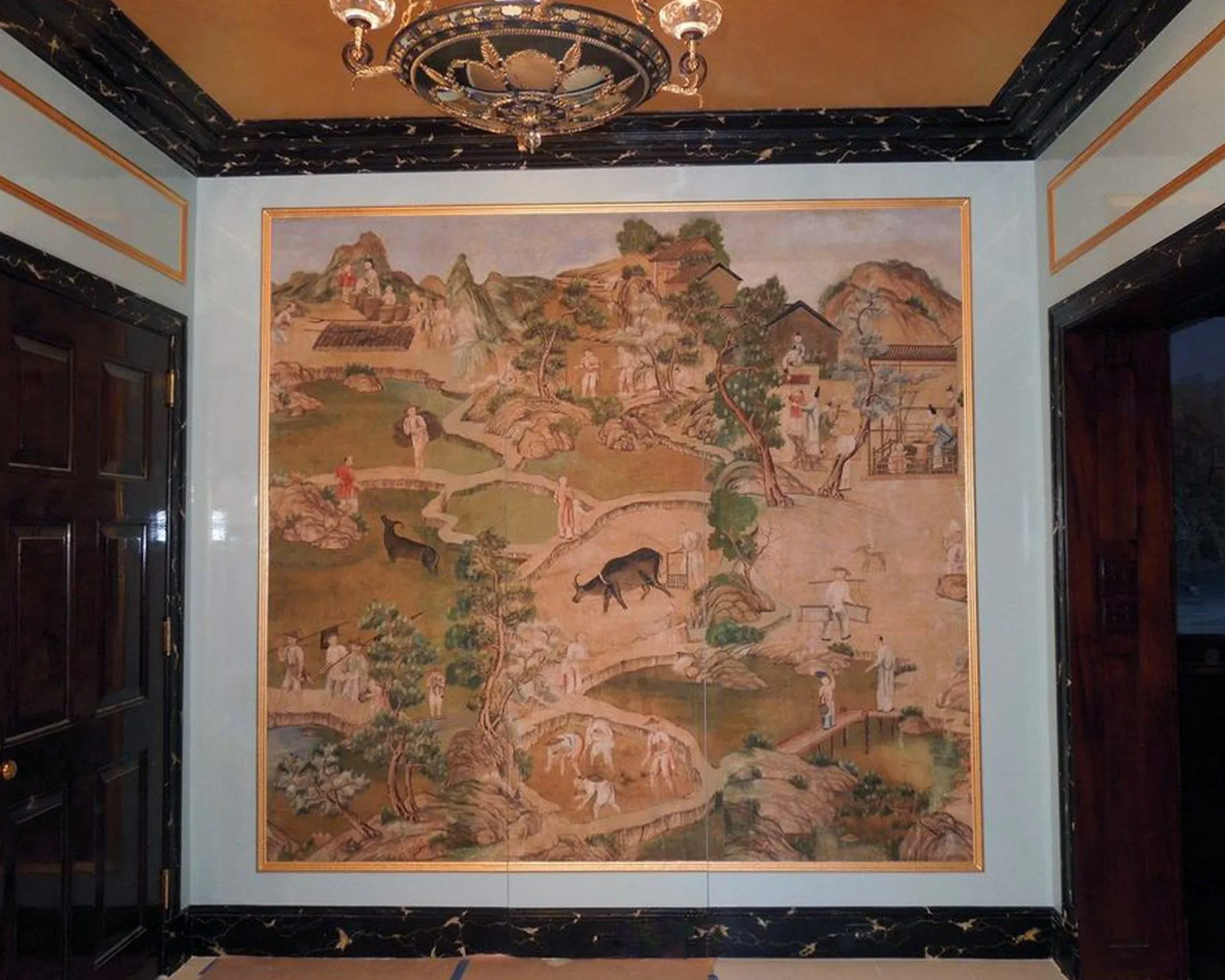 Park Avenue reinstallation with custom moldings and Scalamandré/Stark blue lacquer