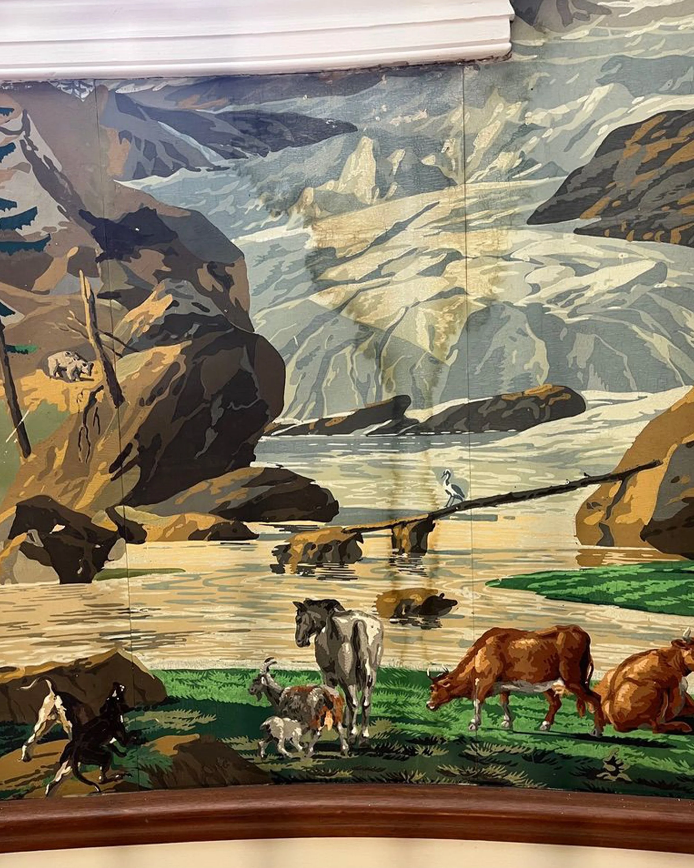 Before restoration of Zuber Les Vues de Suisse wallpaper at Greenwood Gardens