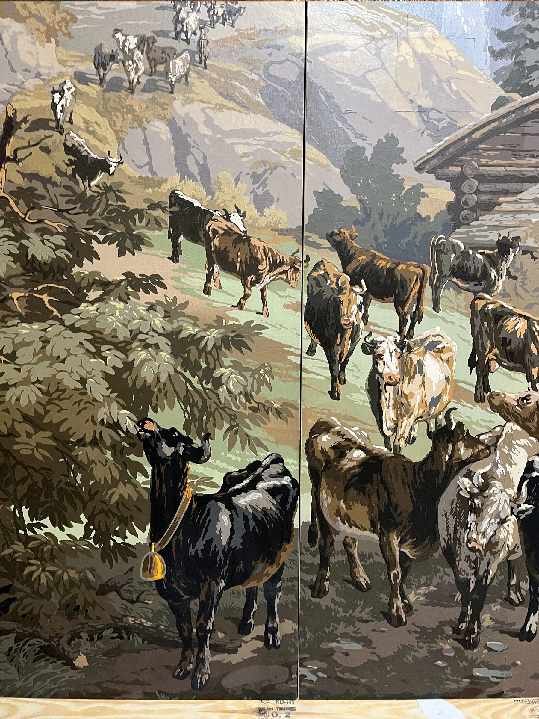 Detail of fully restored Zuber Les Zones Terrestres scenic wallpaper mounted on boards