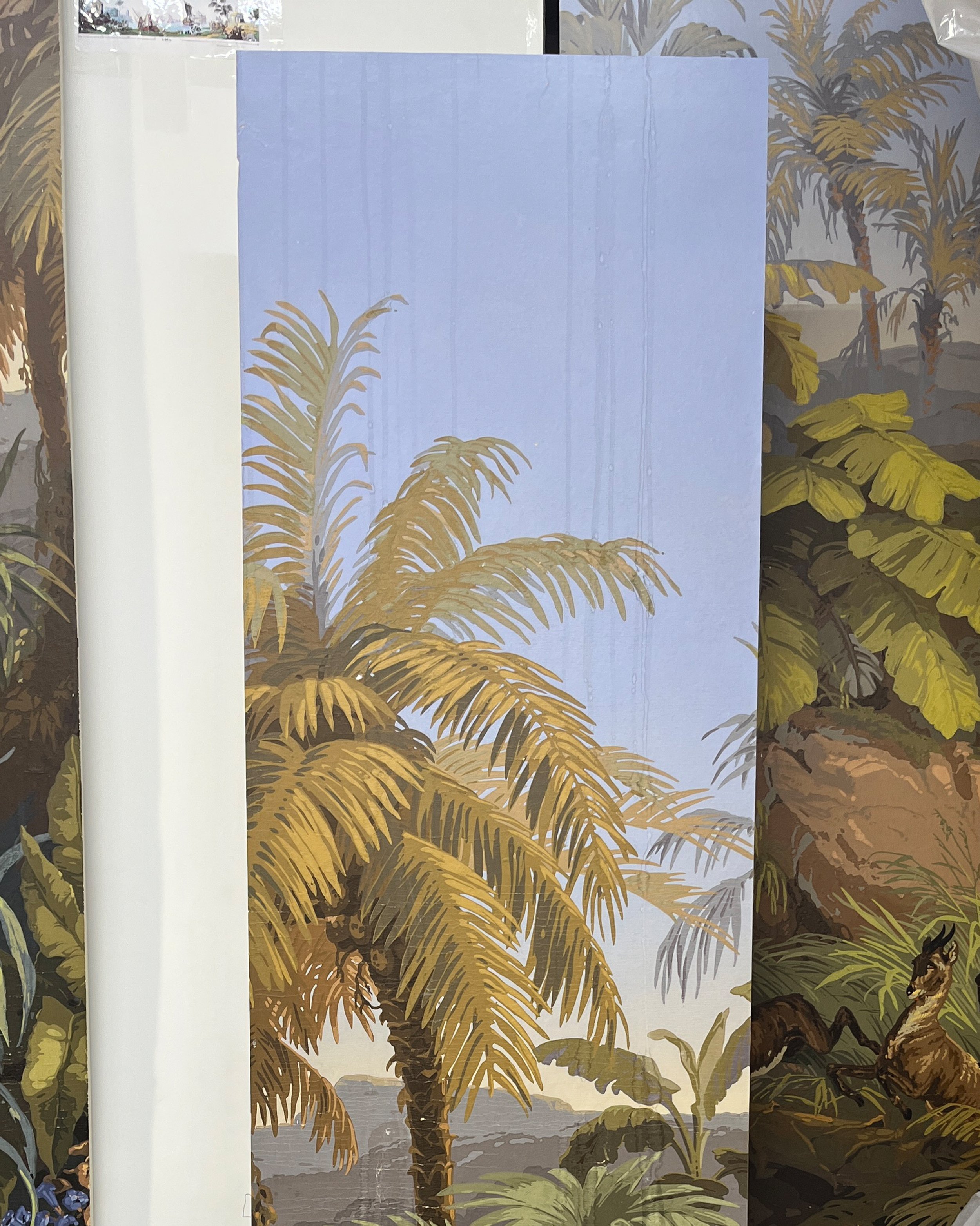 Before restoration of antique Zuber Les Zones Terrestres wallpaper