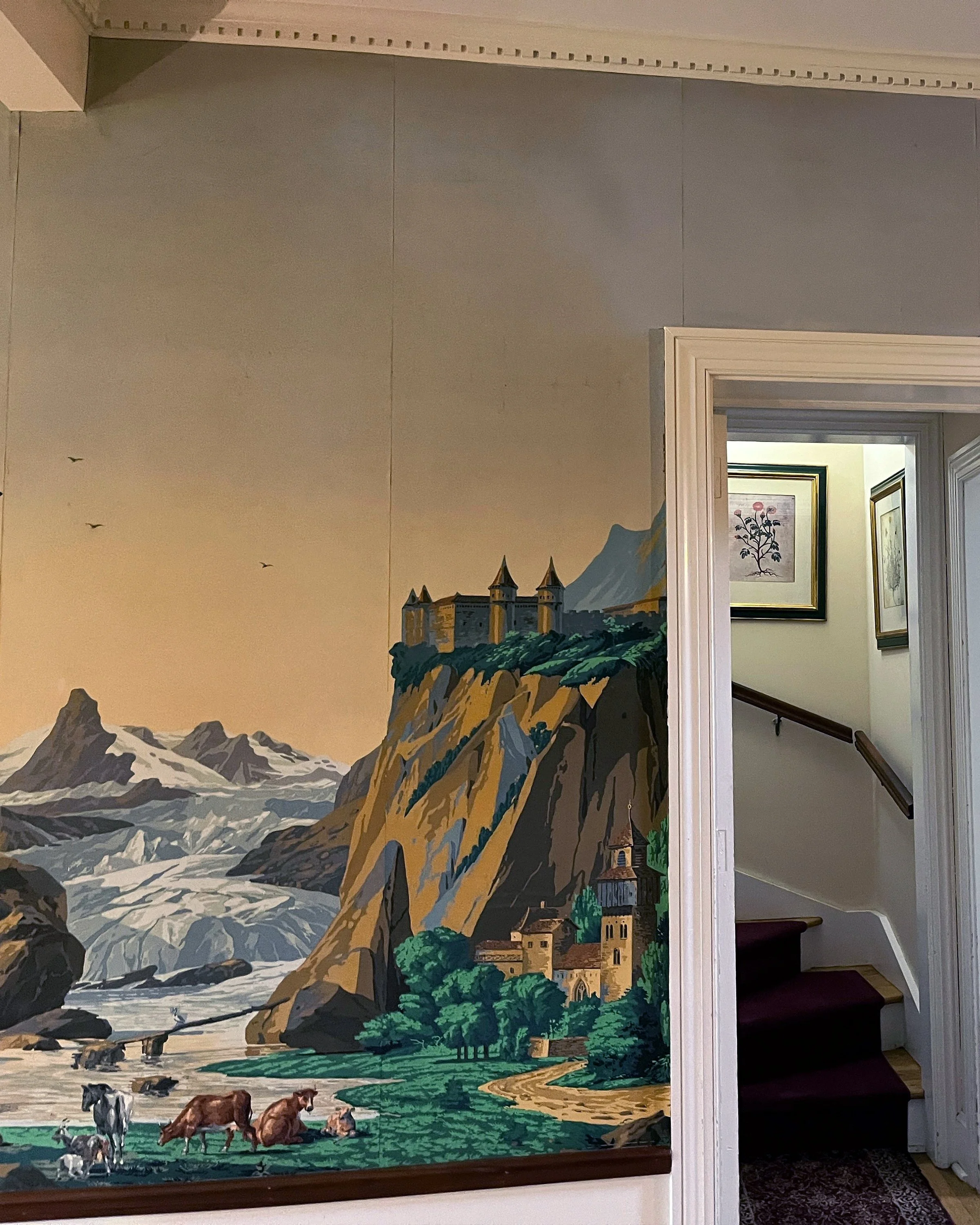 Before restoration of Zuber Les Vues de Suisse wallpaper at Greenwood Gardens