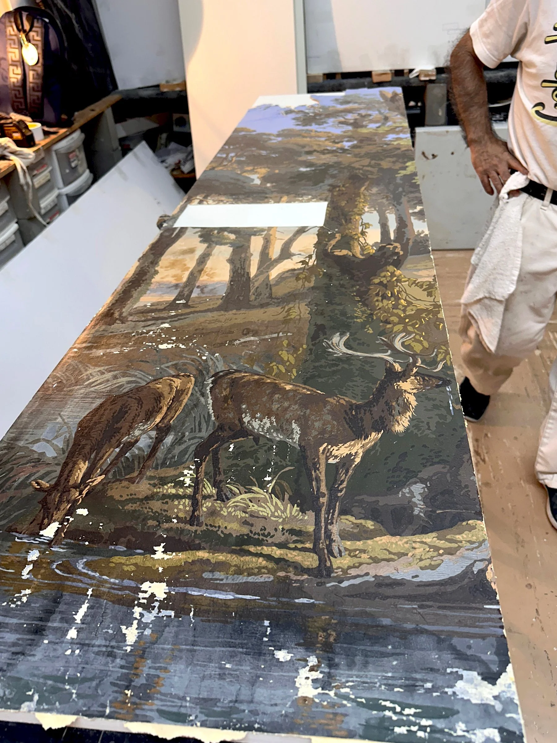 Antique Zuber Les Zones Terrestres scenic wallpaper prior to restoration