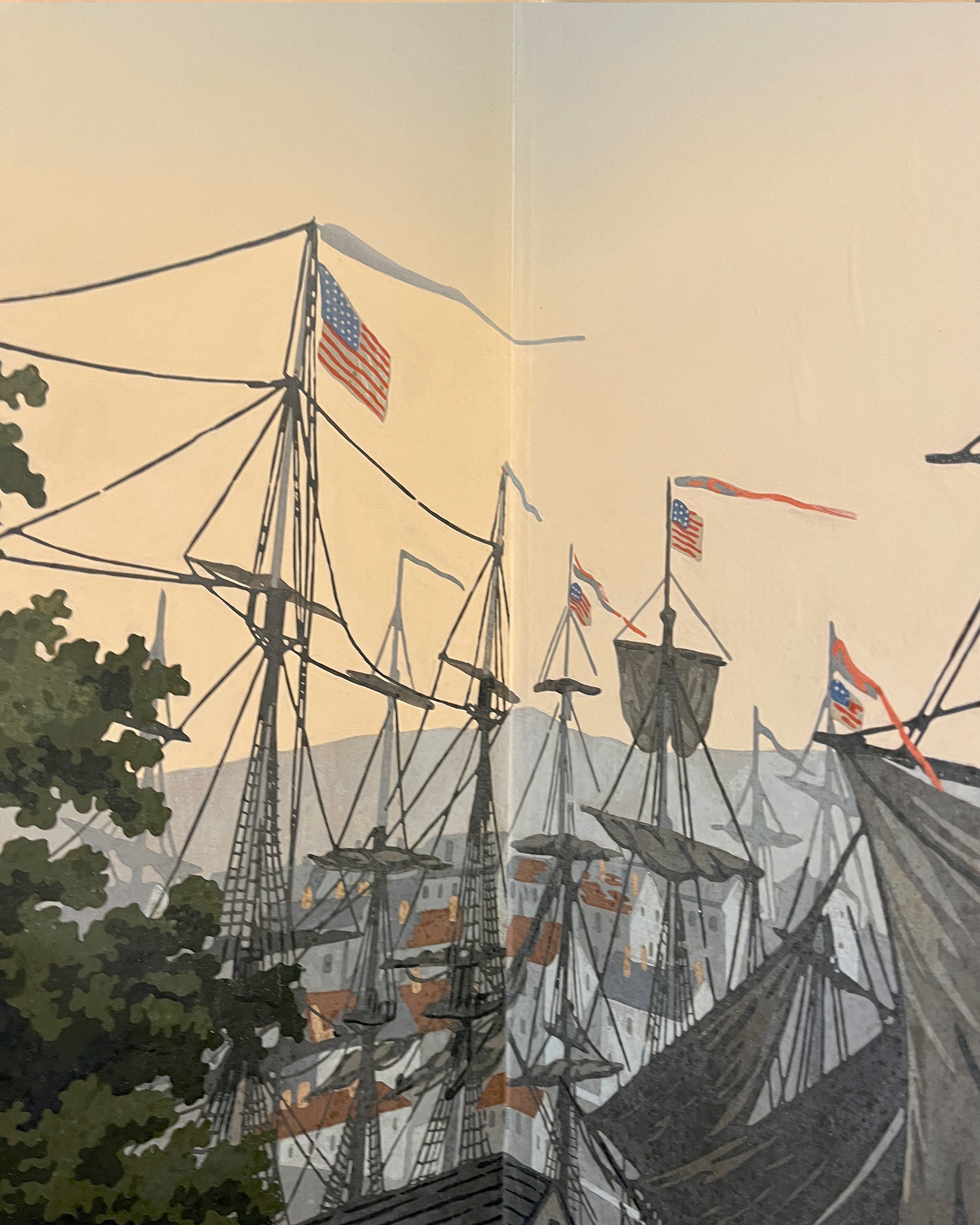 Close-up of age-related spotting on antique wallpaper after restoration