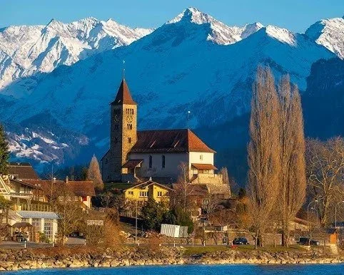 Swiss alpine landscape similar to scenes depicted in Zuber Les Vues de Suisse wallpaper