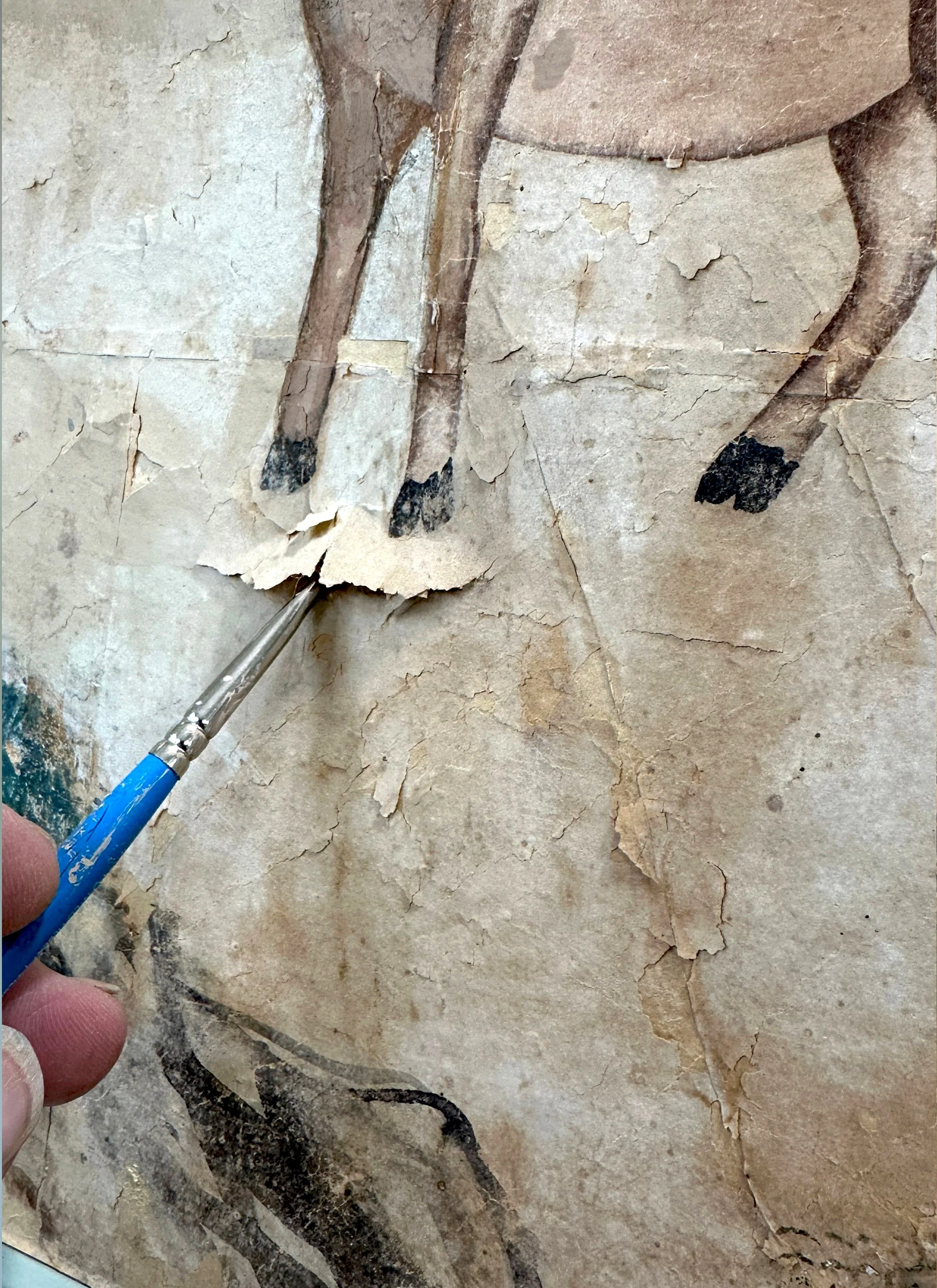 Detaill of second restoration and reinstallation of 18th-century Village Scene wallpaper