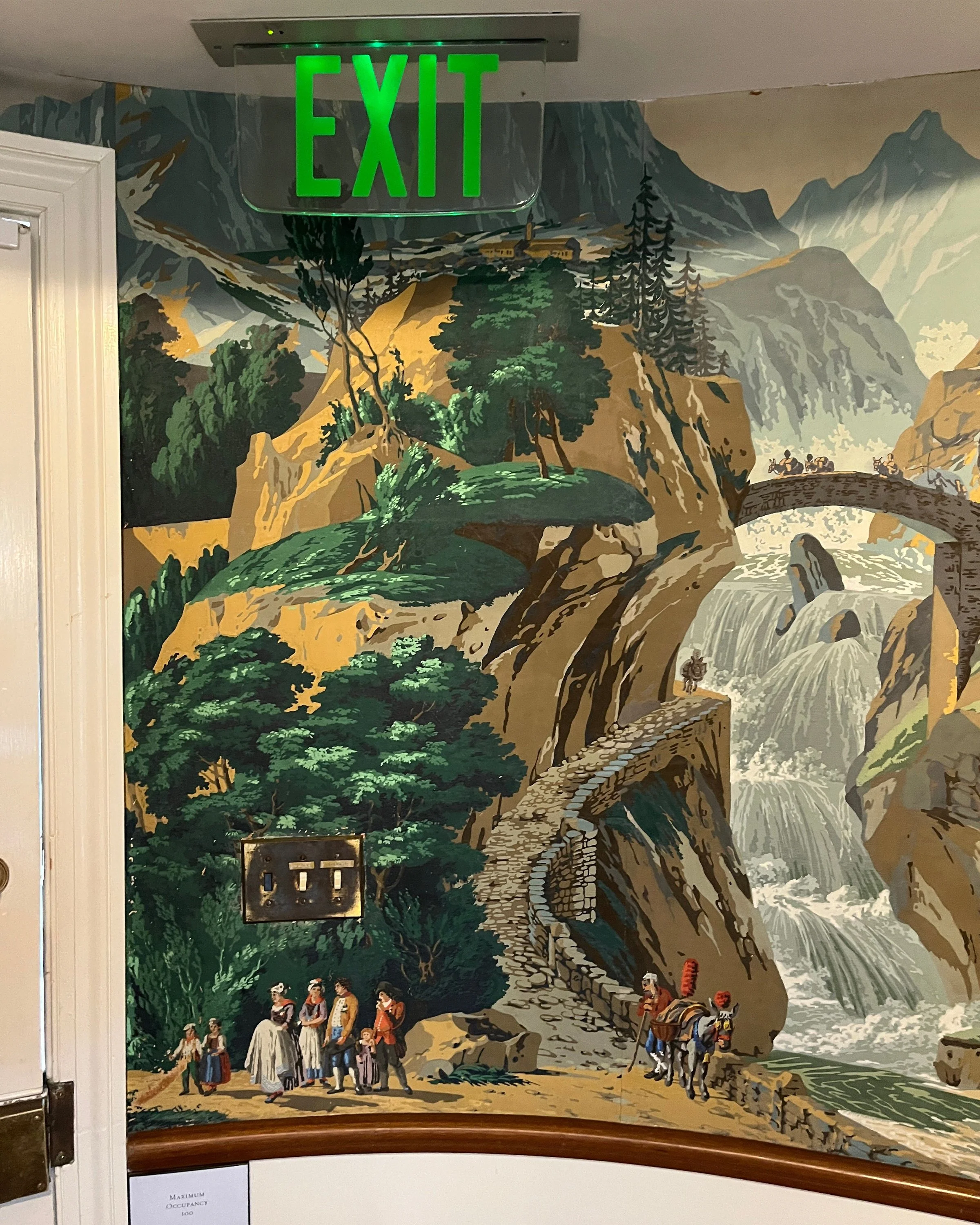 Before restoration of Zuber Les Vues de Suisse wallpaper at Greenwood Gardens