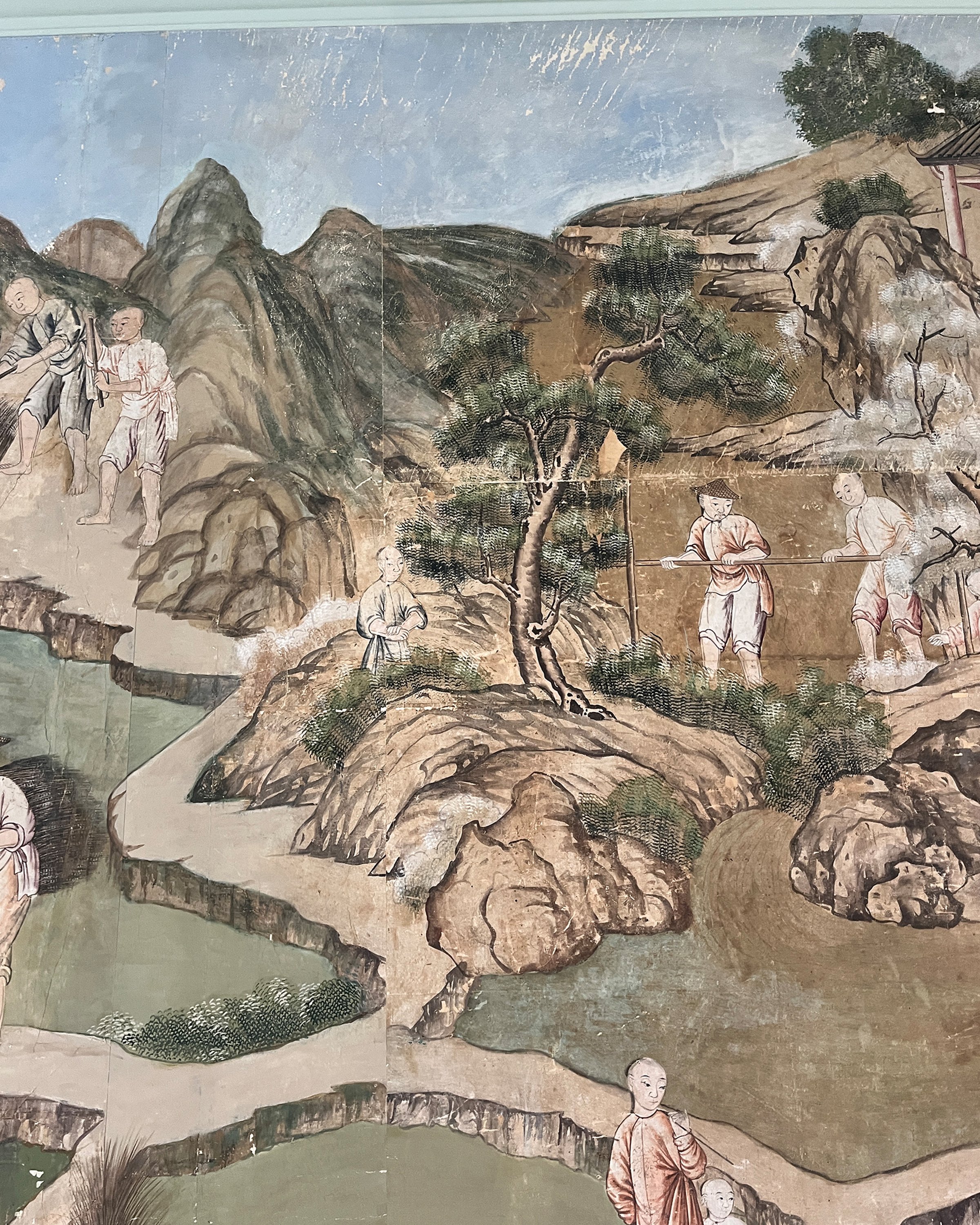 Before second restoration of Village Scene wallpaper