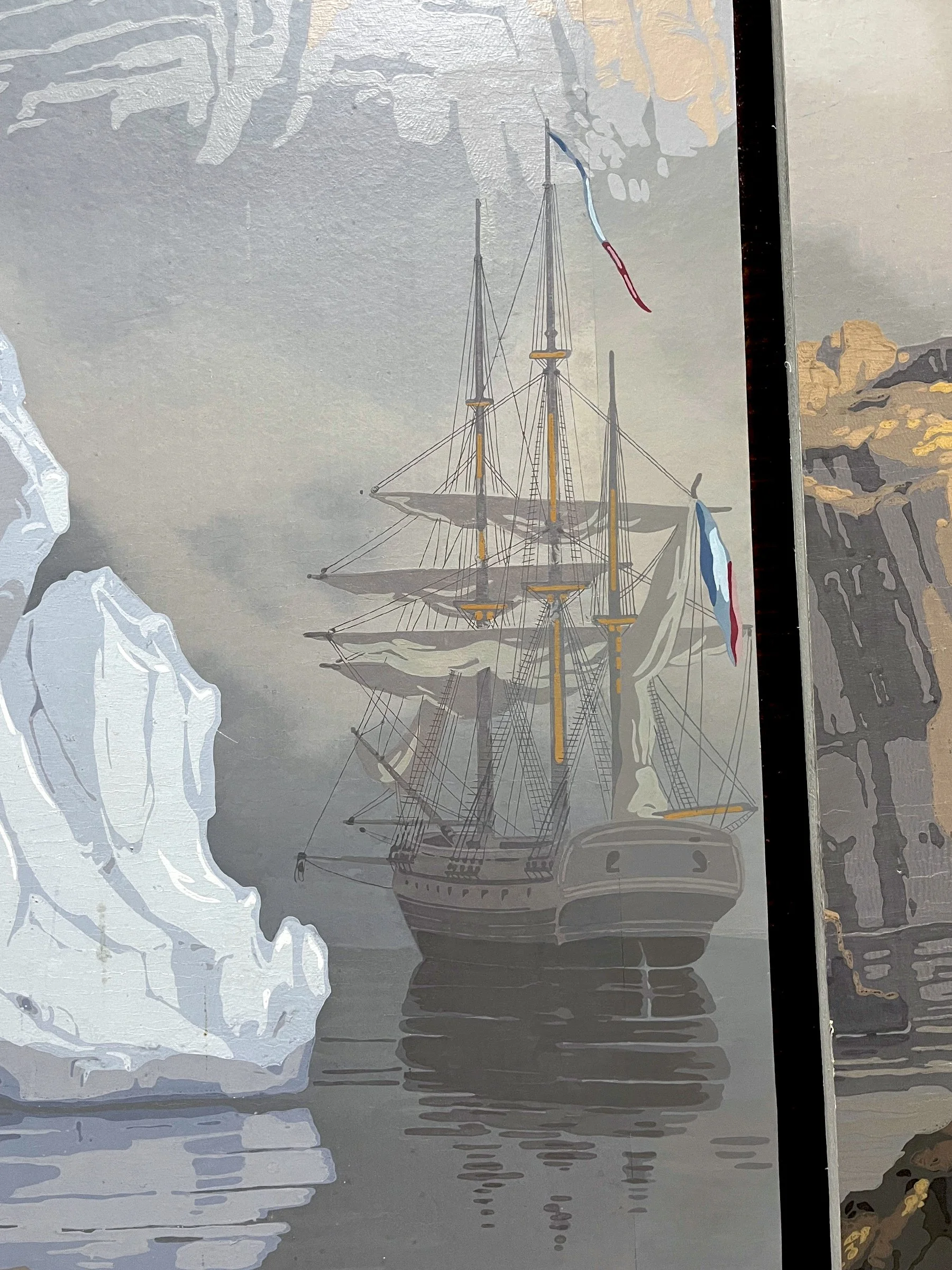 Detail of ship on fully restored Zuber Les Zones Terrestres scenic wallpaper mounted on boards