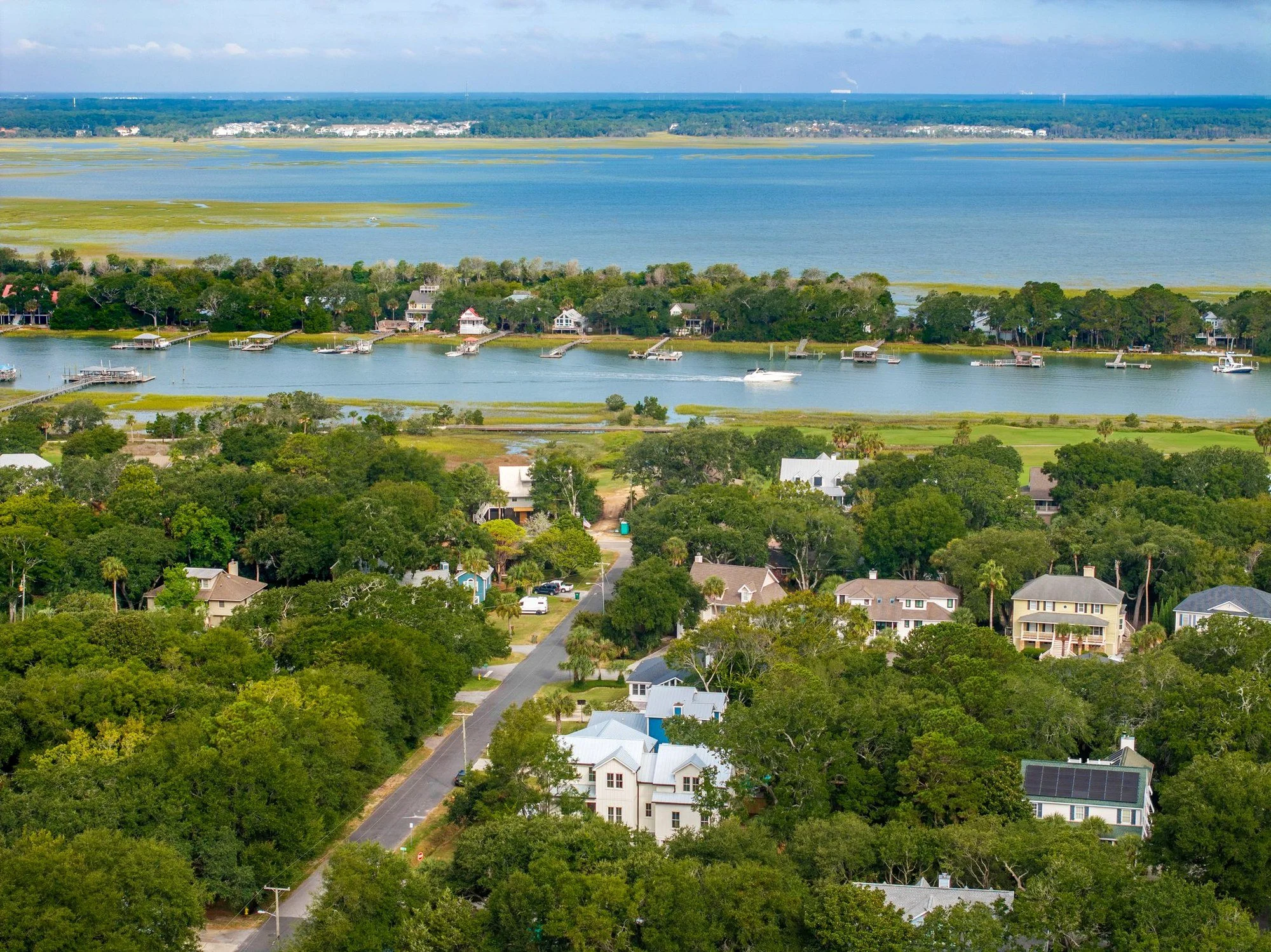 Aerial view of marsh and Intracoastal Waterway views from an Isle of Palms SC home site
