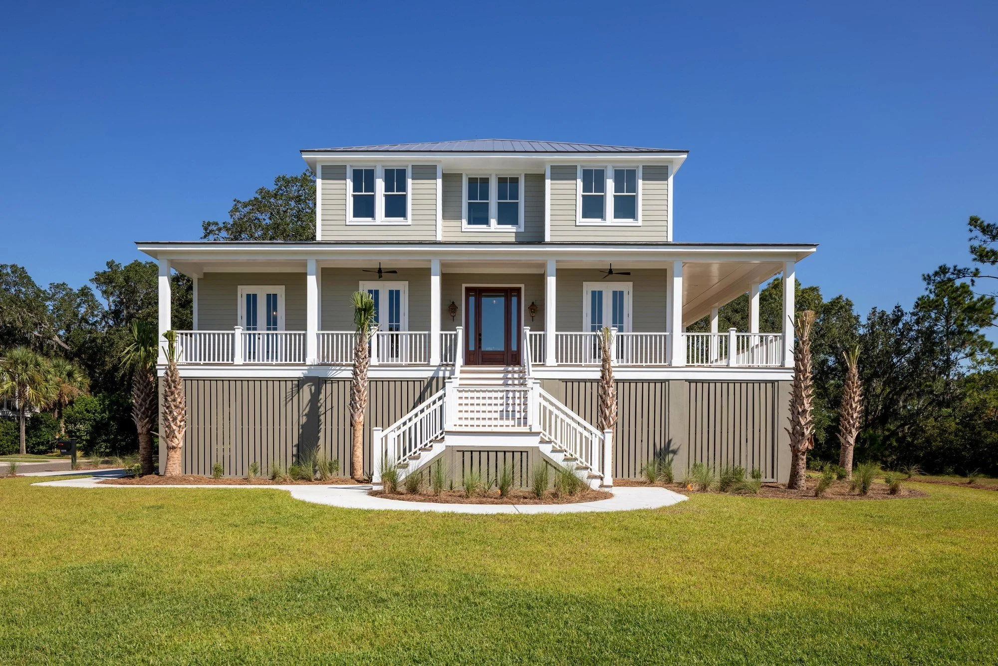 Front elevation of a custom Lowcountry home at 1806 Rushland Grove Lane Johns Island SC