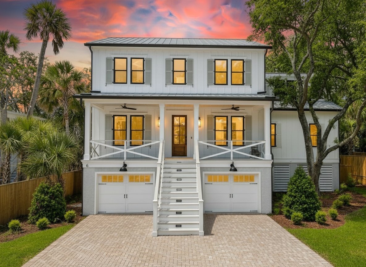 Custom-built luxury home at 6 29th Avenue, Isle of Palms, SC, exterior view under a coastal sunset with palm trees