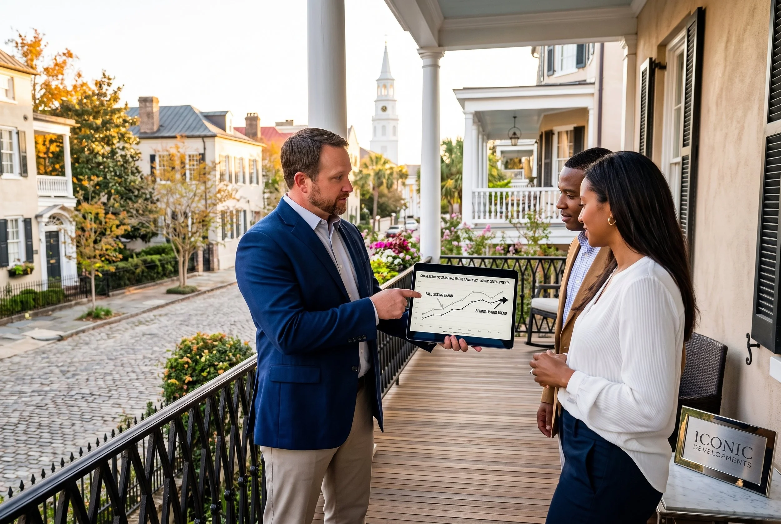 Chris Eller, an adviser from Iconic Developments, analyzing a seasonal real estate market report on a tablet with clients on the upper piazza of a historic Downtown Charleston Single House during golden hour, comparing Fall vs Spring listing trends.