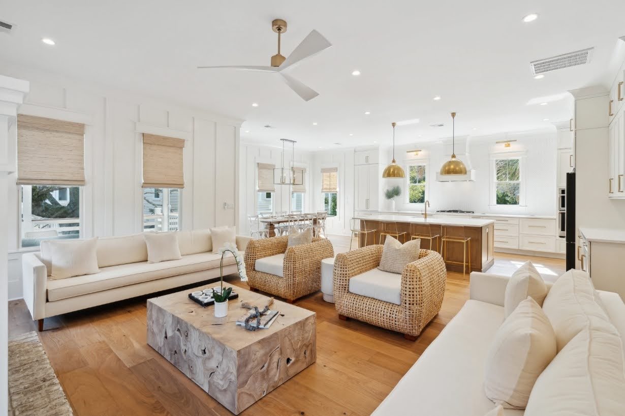 Family room opening to the custom kitchen in an Isle of Palms SC luxury home build