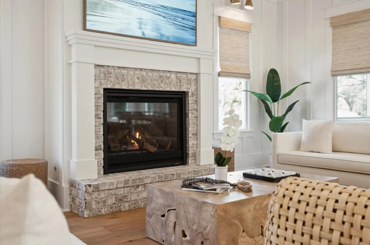 Brick fireplace surround detail in a family room on an Isle of Palms SC custom build