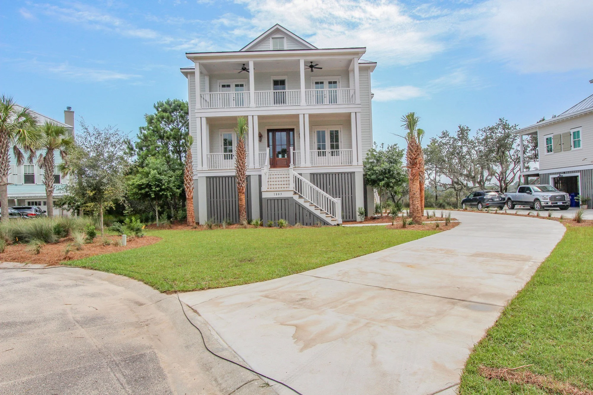 Angled front elevation of a raised custom home on Johns Island in Charleston SC