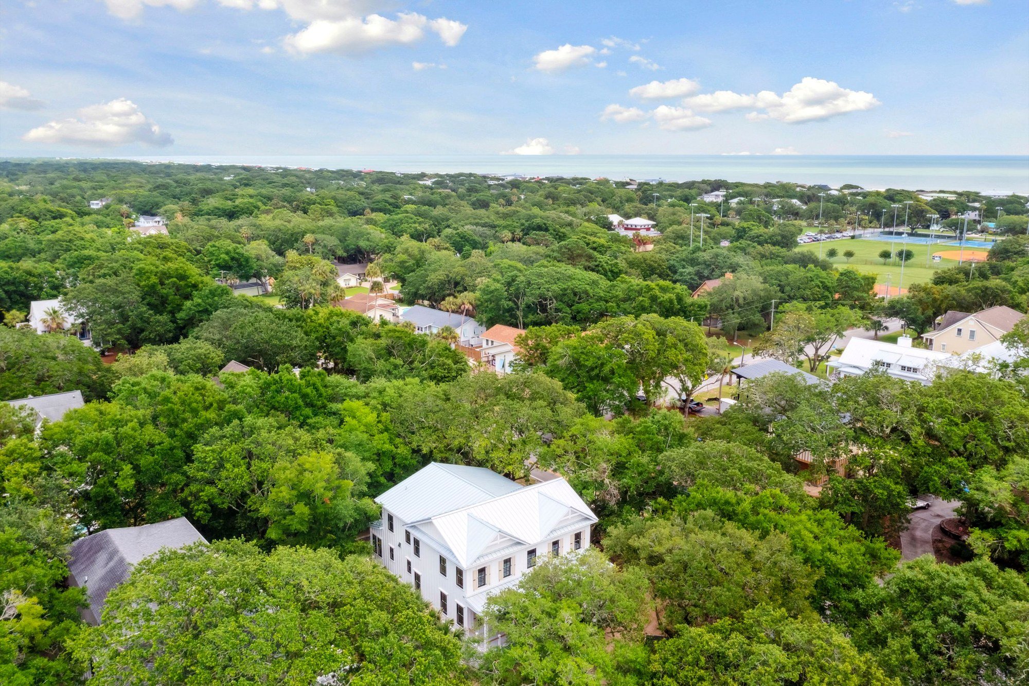 Aerial over 2 Driftwood Lane, showing the standing-seam metal roof and the maritime forest canopy of Isle of Palms.