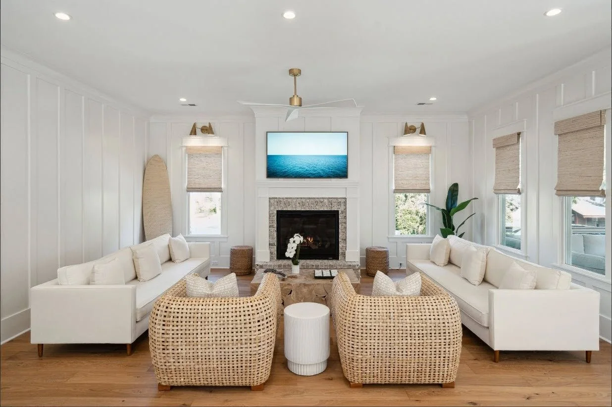 Family room with custom fireplace in an Isle of Palms SC home by Iconic Developments