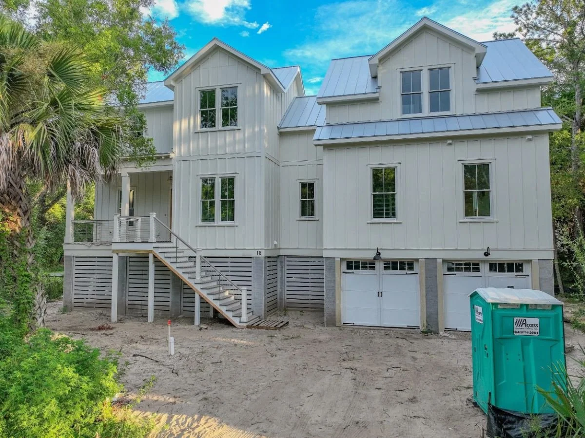 Aerial view of new custom-built home at 18 Wills Way, Isle of Palms, SC, two blocks from the beach