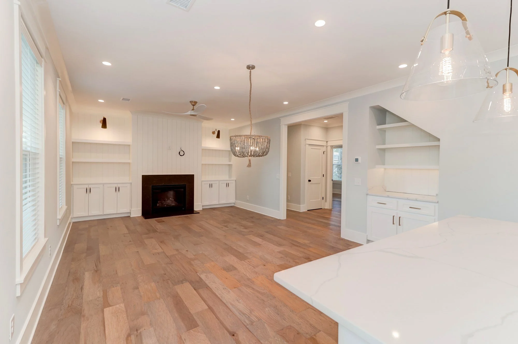 Living room viewed from the kitchen island in a Mount Pleasant SC custom home build