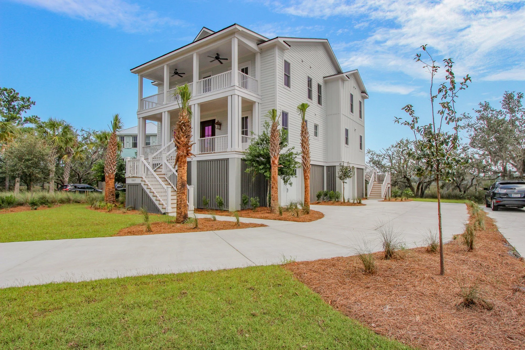 Side elevation with stacked double porches on a Johns Island SC custom home build