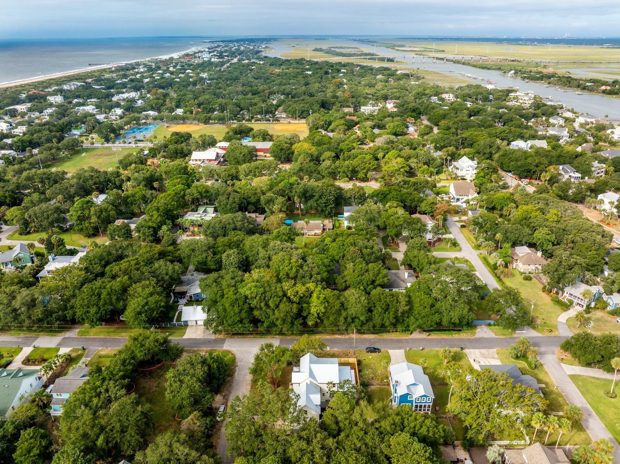 Aerial view of Isle of Palms SC beach near a custom home built by Iconic Developments