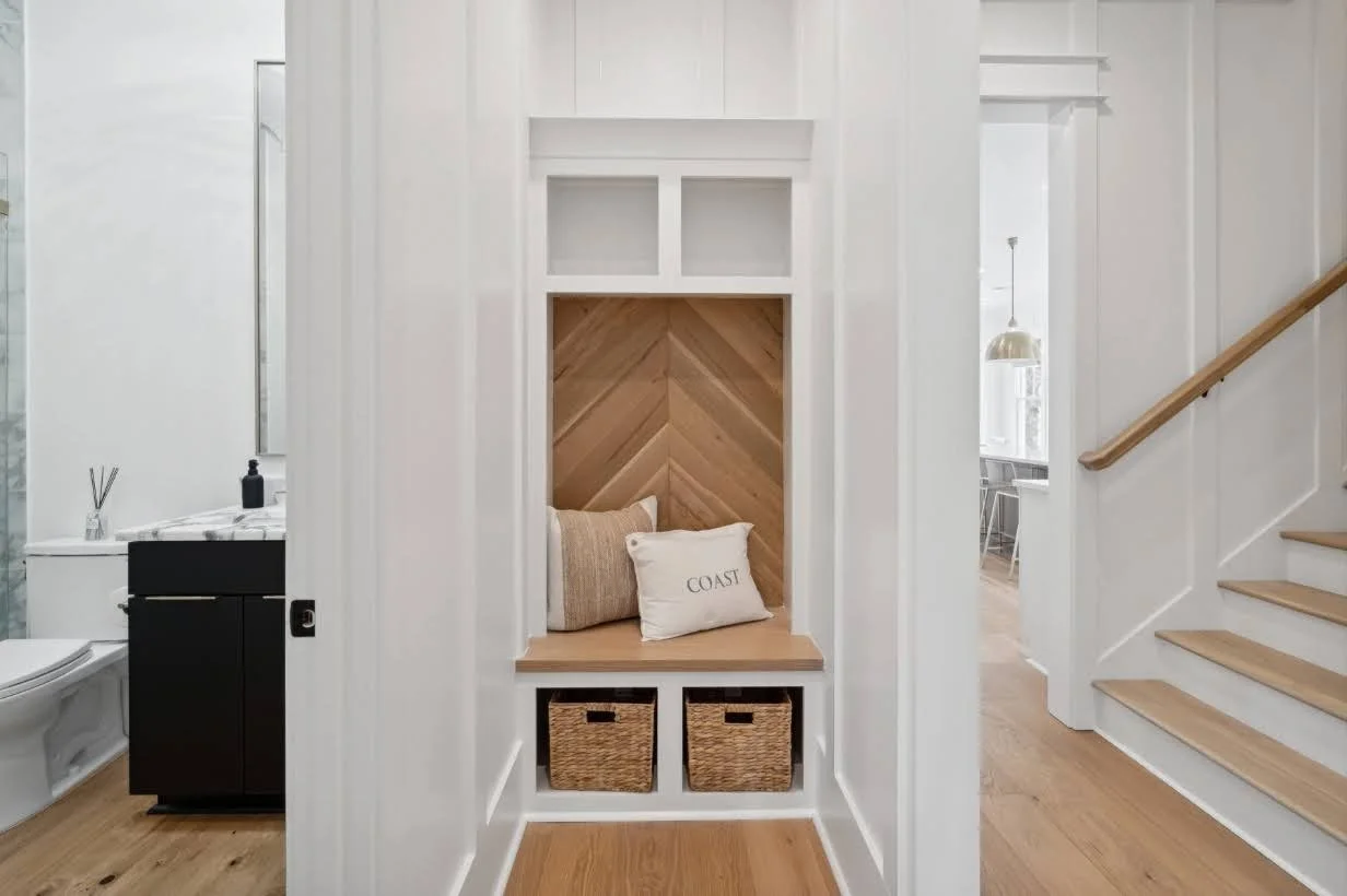 Main level drop zone with built-in bench in an Isle of Palms SC custom home build