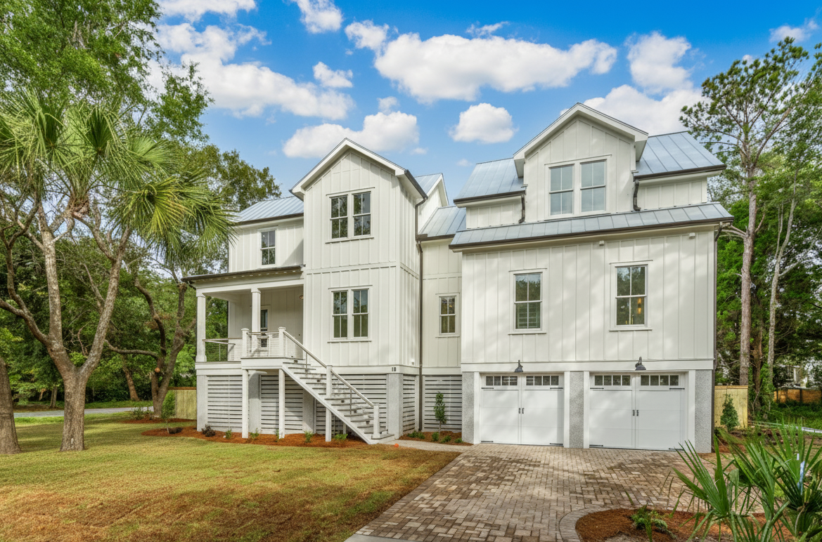 Custom elevated coastal home on Isle of Palms, SC with board and batten siding, metal roof, and two-car garage – Iconic Developments