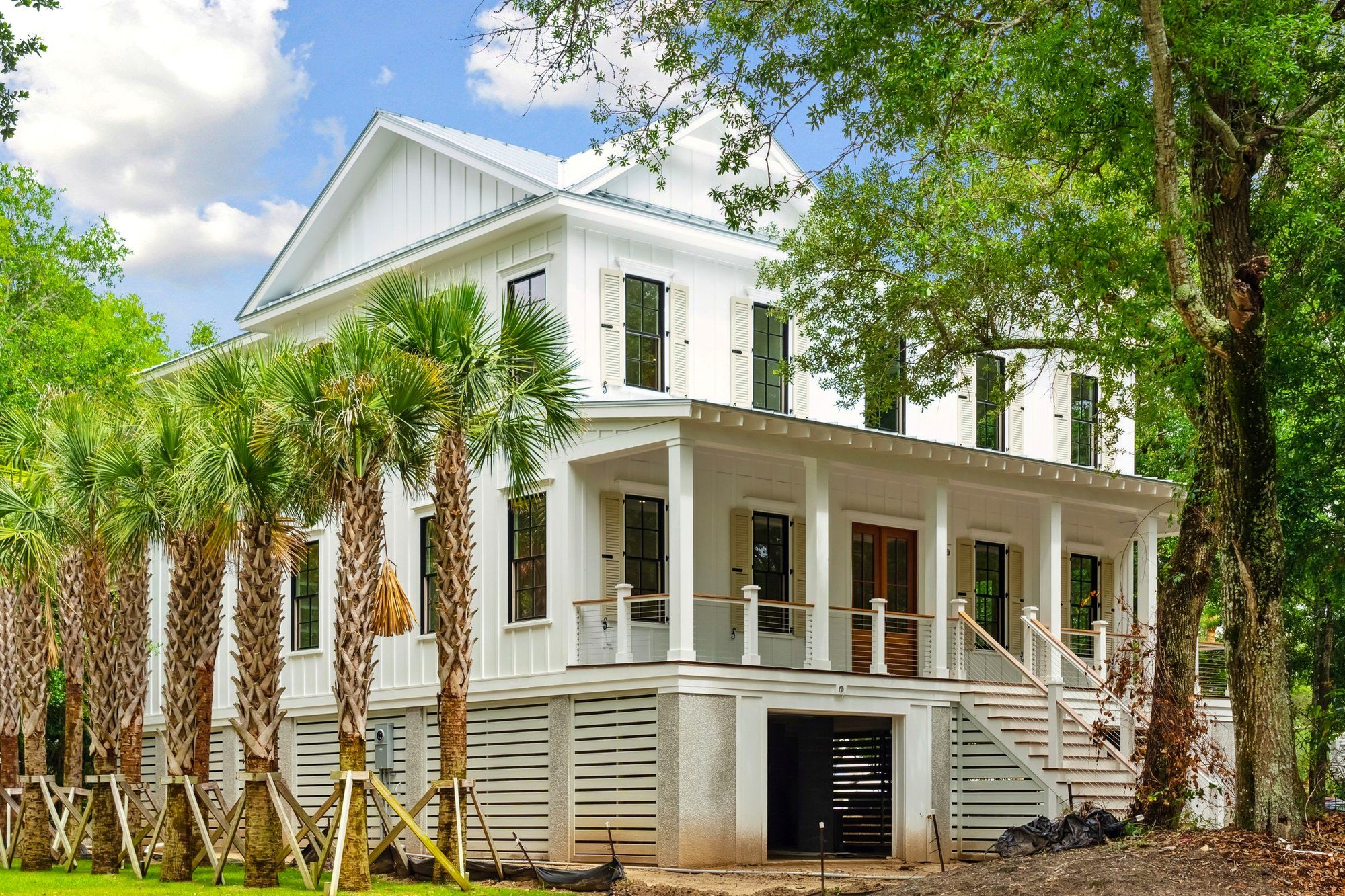 Side elevation with a row of young palmettos along the drive.