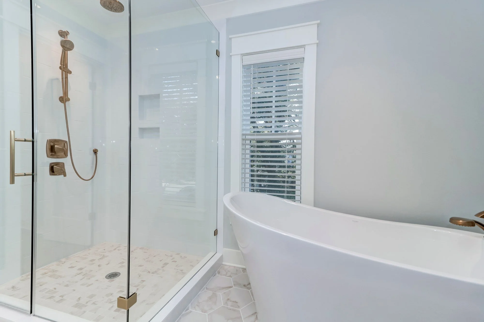 Owners shower and soaking tub in an Old Village Mount Pleasant SC luxury custom home