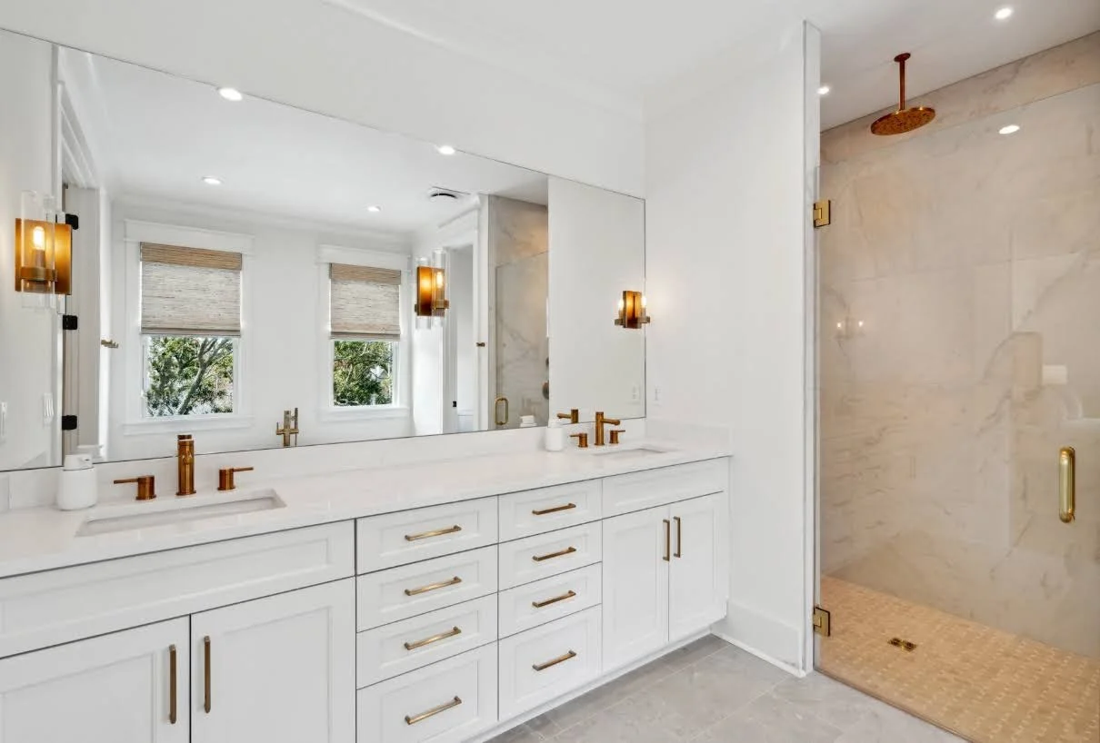 Owners bath double vanity with custom cabinetry on Isle of Palms SC by Iconic Developments