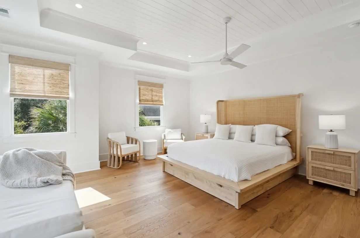 Owners suite bedroom in a custom Isle of Palms SC home built by Iconic Developments