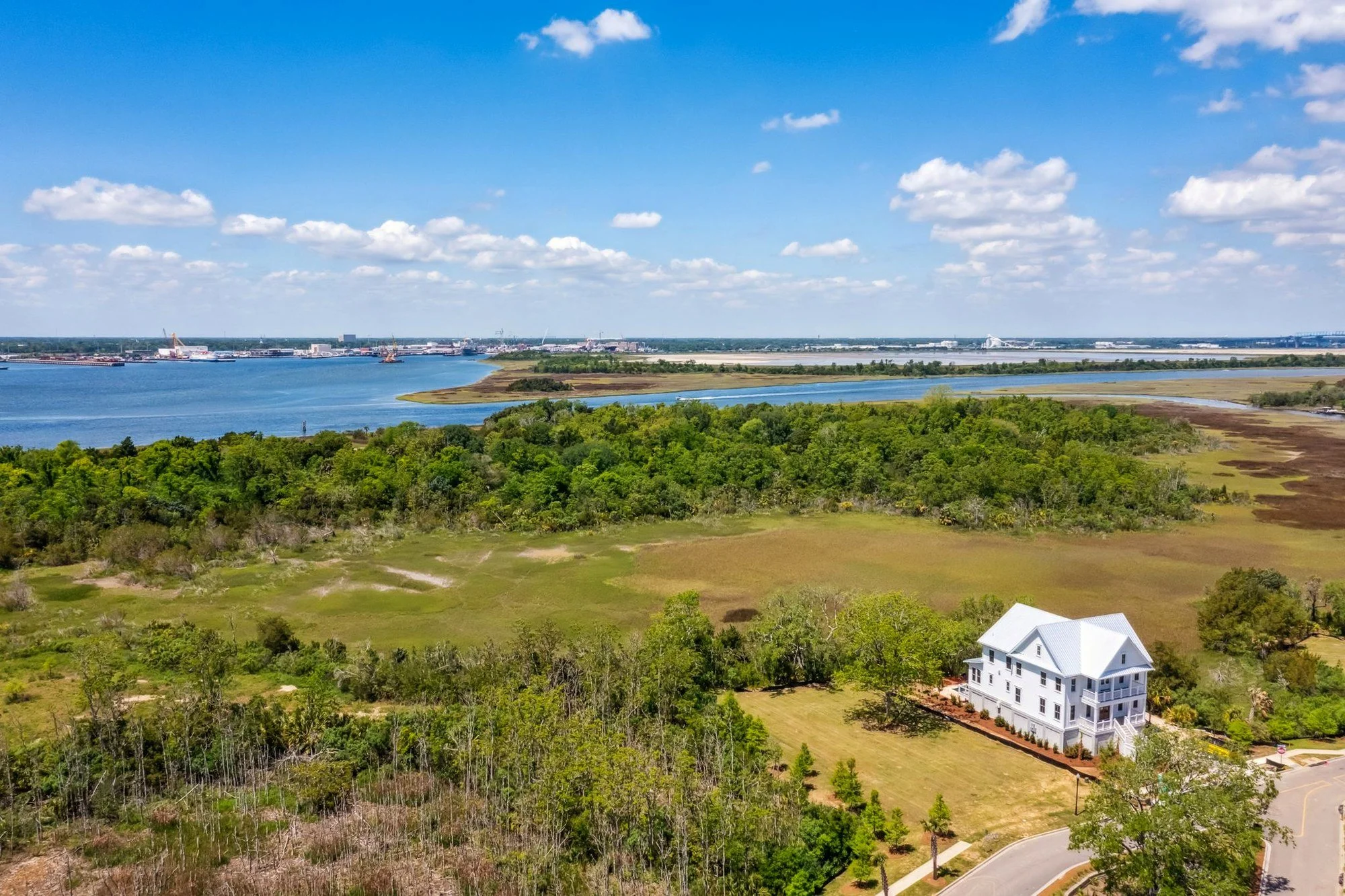 Aerial marsh and Cooper River views from a custom Daniel Island SC home by Iconic Developments