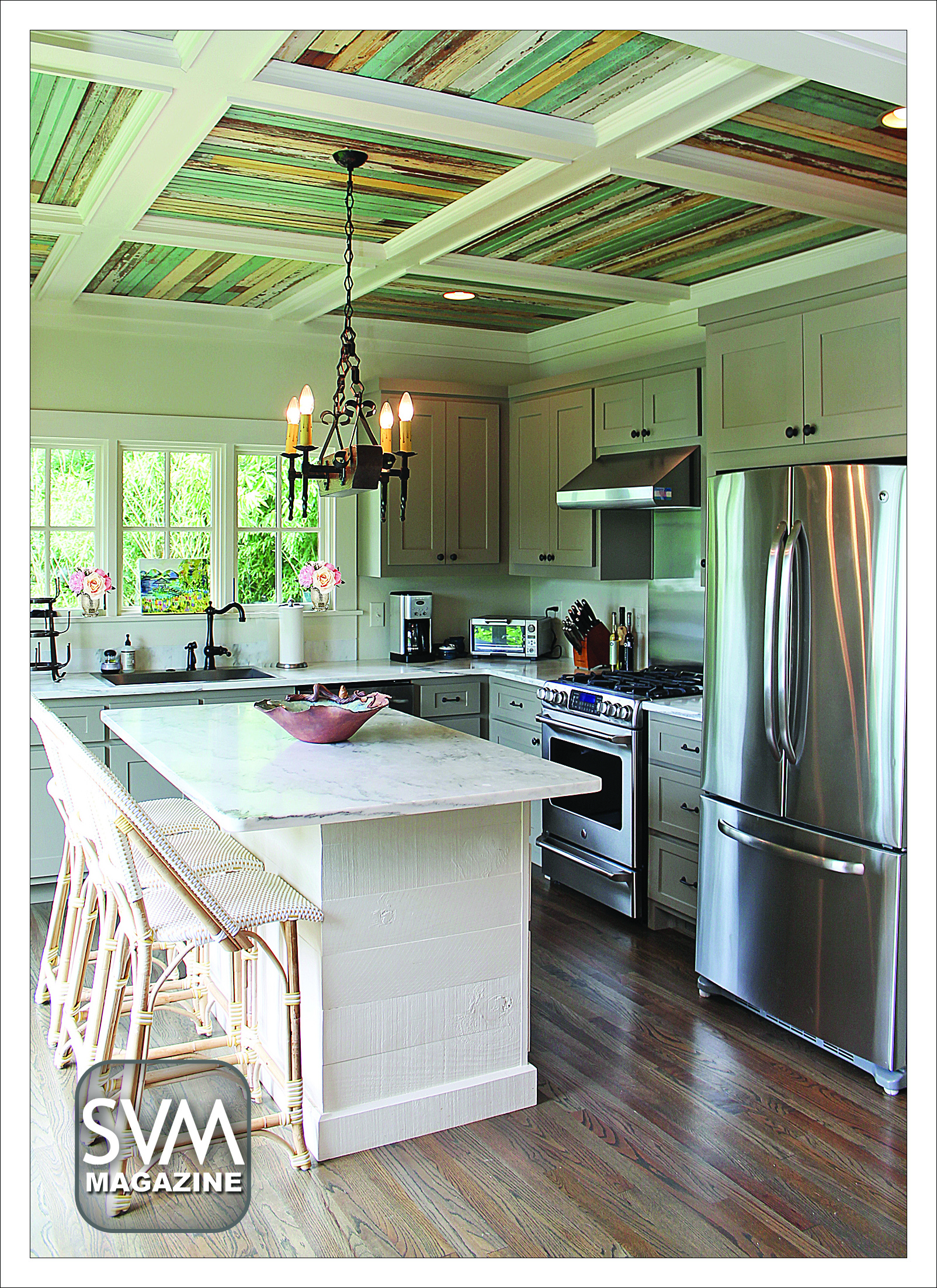 The beautiful expanded kitchen is Rachael Peek’s favorite part of the house, and it’s clear why. Originally an extra porch, the family enclosed the porch to create a large kitchen. The fixtures, from Ferguson Enterprises, break up the rustic pieces with modern elements. The off white cabinetry, by Braden Berendt, shows off the tall, reclaimed wood ceilings by Tim Gregory. The rustic light fixture, by The Big Chandelier, makes the marble counter tops, fabricated by Joe Waller, the belle of the ball. The stainless steel appliances are all GE from Harvey’s. The kitchen bar stools from Serena & Lily offer a casual seating area for the family.