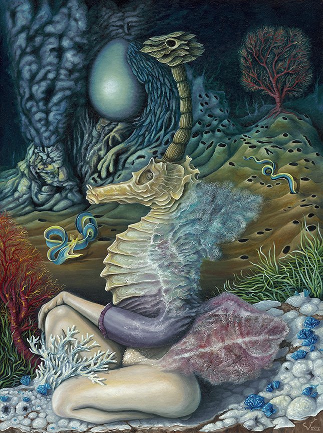 Hippokampus in the Lunar Sea, oil painting on panel. Surreal Seahorse goddess in an underwater dreamscape.
