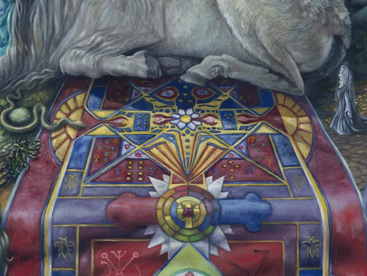 The central altar carpet portraying Lucifer, the golden pathway through the horns of the goat, a Geomantic divination for humanity, and the Rose-Cross.