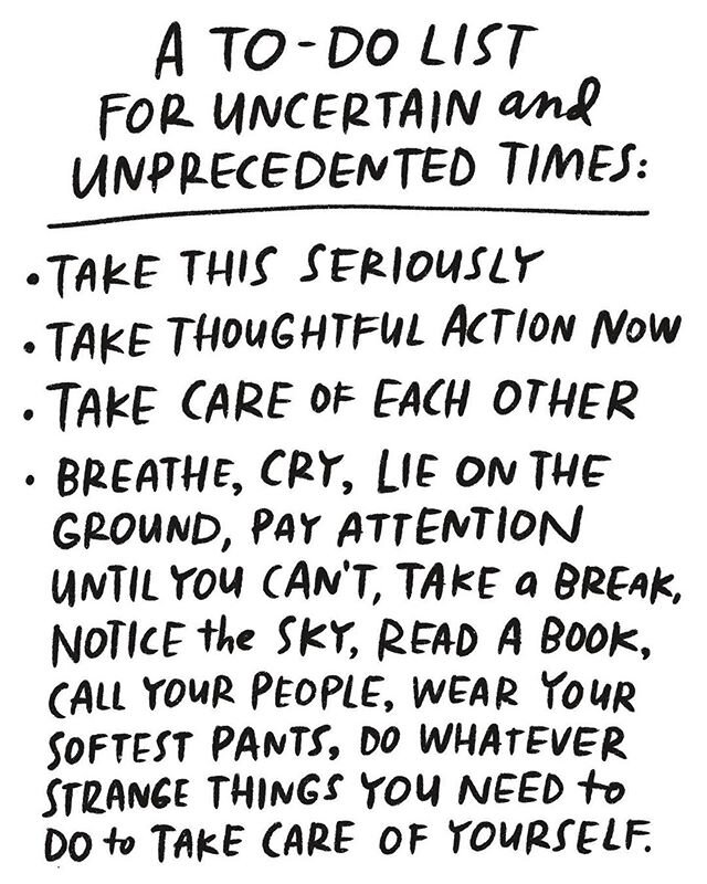 Yes to all of this. 🙏 These are things we can all do during this uncertain time. Take care of yourself and others. Fresh air, movement, rest, healthy food and appropriate cleaning, distancing and self care practices will help us all get through. 
Cr