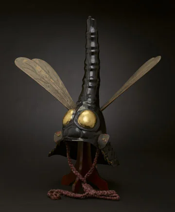 Helmet in dragonfly shape, 17th century, iron, lacquer, wood, leather, gilt pigments, silk, papier-mâché. Minneapolis Institute of Art. The James Ford Bell Foundation Endowment for Art Acquisition and gift of funds from Siri and Bob Marshall 2012.31.1a-c.