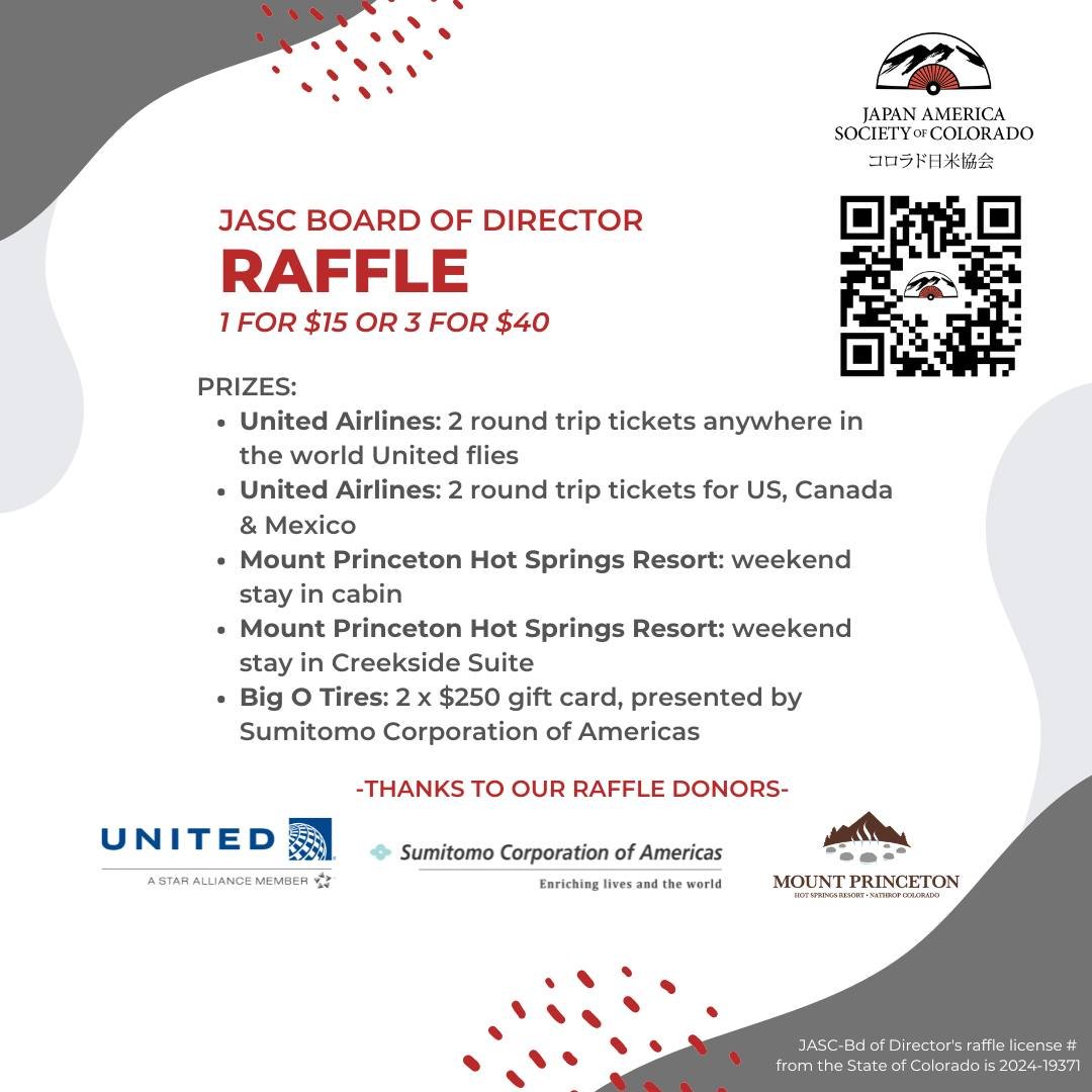 Our incredible annual RAFFLE is live!! 🥳

You can purchase tickets from any of our Board members in person or using our online link. Grand prize is 2 tickets on United Airlines to...anywhere in the world that United flies! Tickets are 1 for $15 or 3