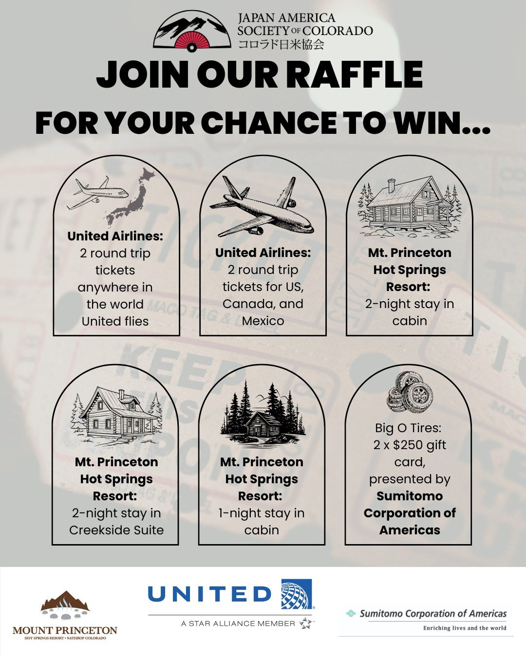 Have you bought your raffle ticket yet? 🎟

Don't miss your chance to win 2 round-trip tickets to Japan or anywhere in the world United flies ... along with incredible stays at Mt. Princeton Hot Springs Resort and a gift card for car-care at Big O Ti