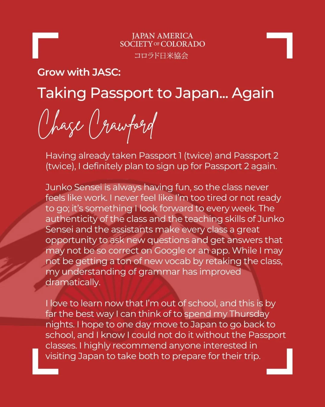 What's it really like to learn with us? Find out in this student testimonial for our Passport to Japan classes. ✈🇯🇵
Our program focuses on building practical language skills and a deep understanding of the Japanese culture.
Inspired to begin your