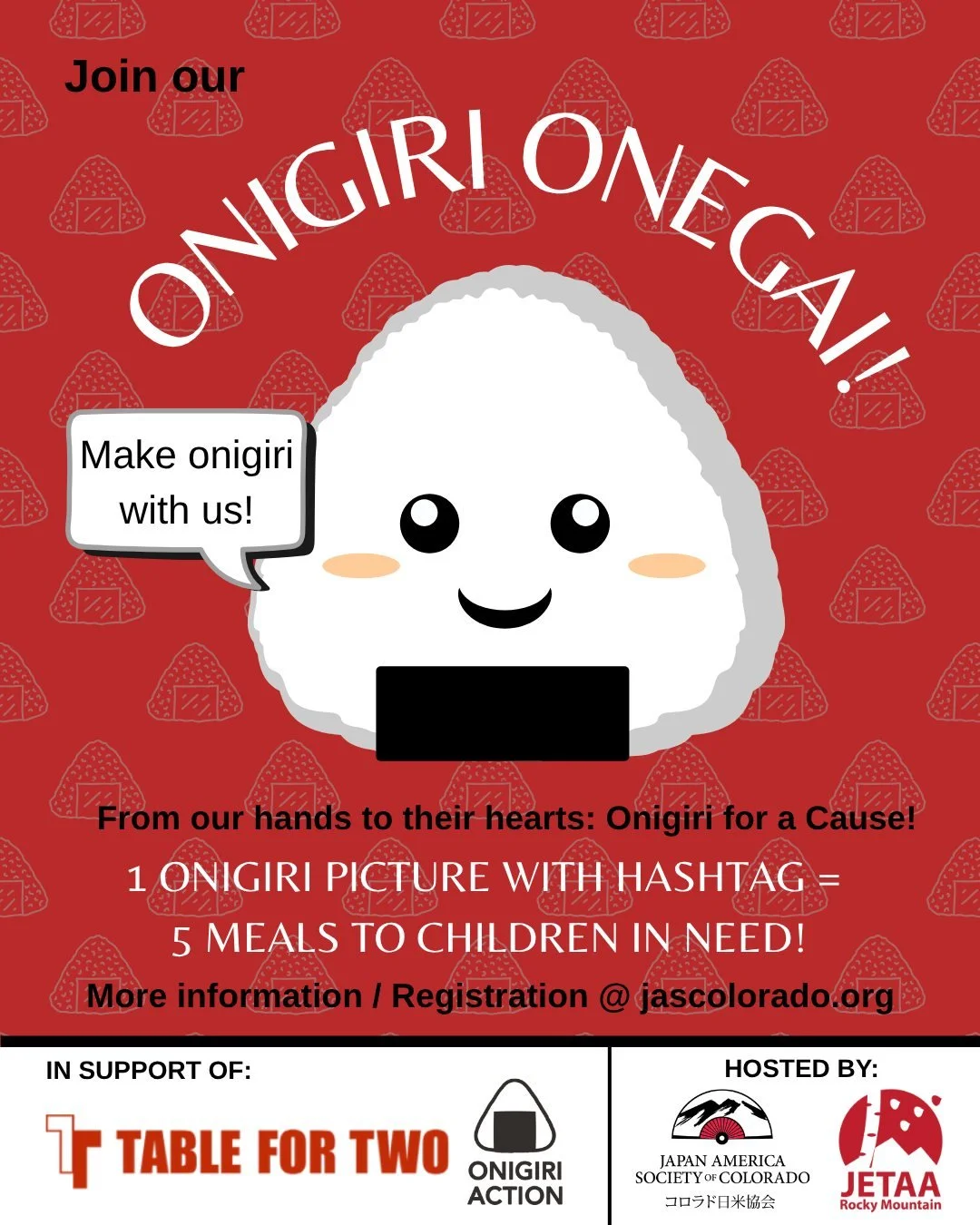 Roll up your sleeves and feed your soul! 🍙

Join us for our unforgettable Onigiri Onegai, where we're mixing hands-on fun with a powerful purpose! You'll get to immerse yourself in Japanese culture by learning how to make and enjoy onigiri, Japan's 