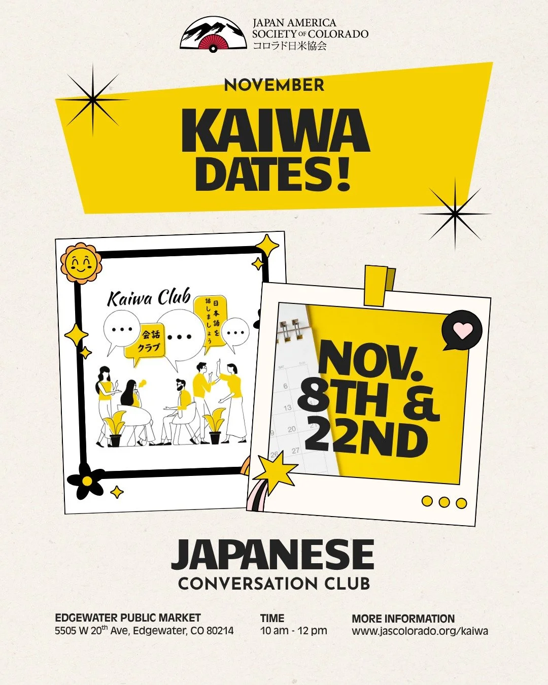 Whether you're a regular attendee of our Kaiwa Club or have been planning on joining, mark your calendar with the upcoming dates for November!

🗓Dates: Saturdays, November 8th &amp; 22nd
⏰Time: 10 am - 12 pm
📍Location: Edgewater Public Market

We m
