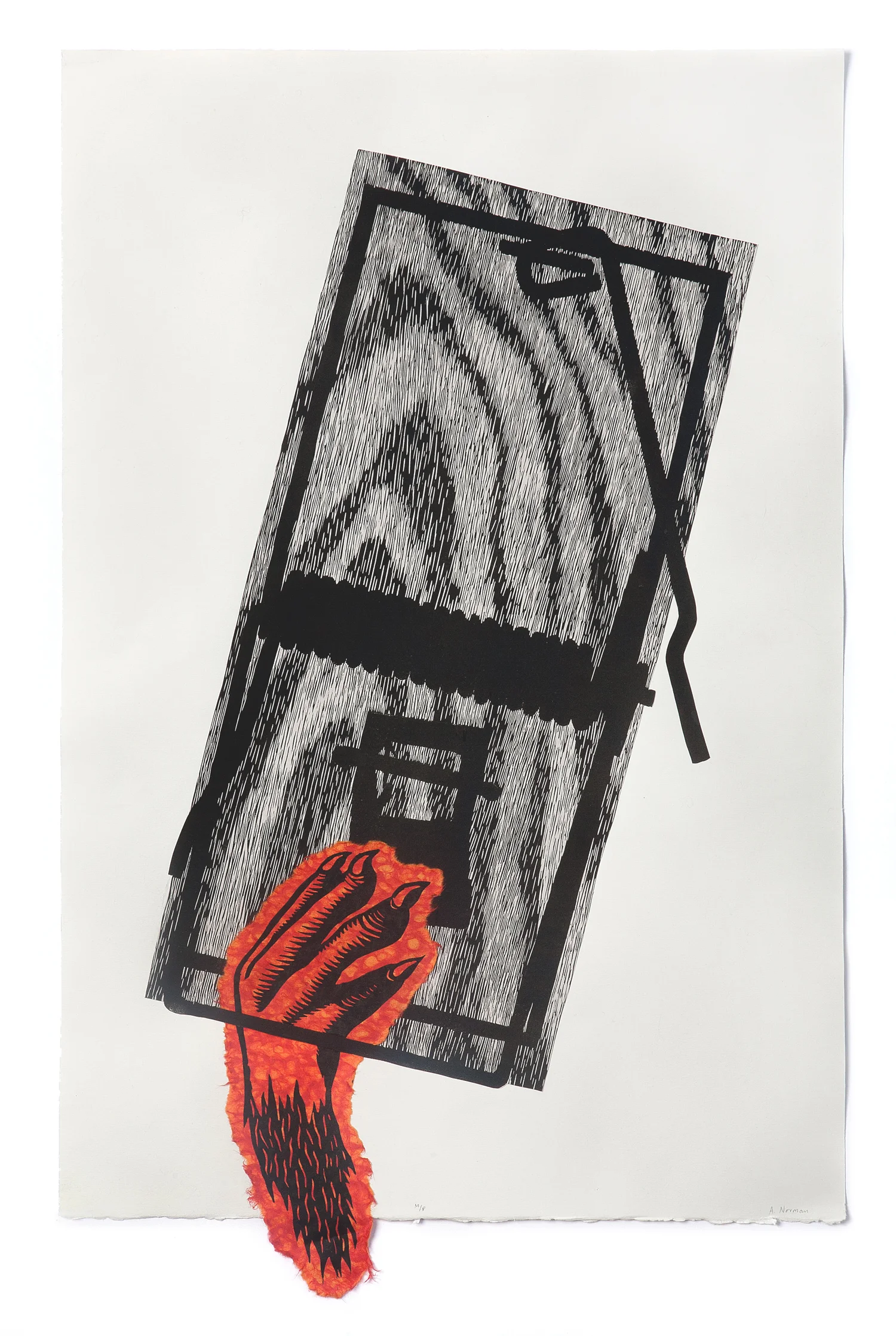 No, not that one 2014 Linocut, chine collé 29" x 18.25"