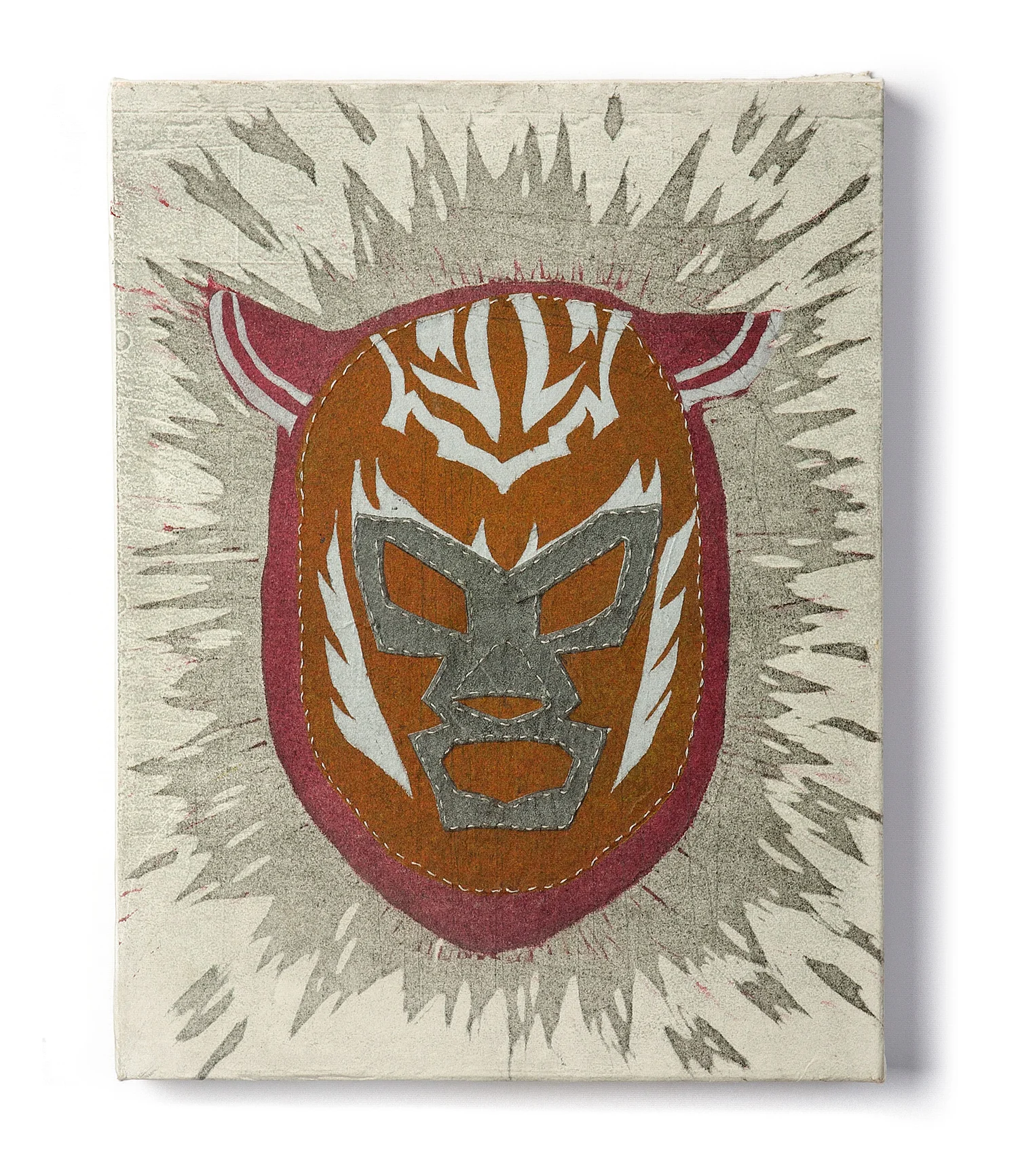 Evolution of a Luchador 2011 Reduction linocut on transparent panel, with stitching 13" x 10" x 1.5"
