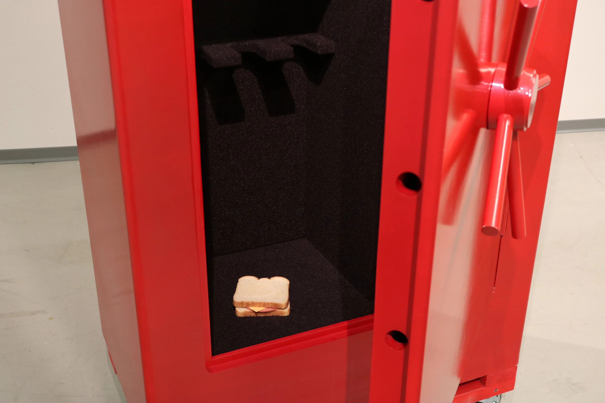(Untitled), detail 2018 MDF, primer, spray paint, upholstery fabric, hinges, white bread, american cheese, ham