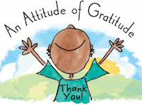 Graphic of boy smiling and wearing “Thank you!” shirt, “an attitude of gratitude”