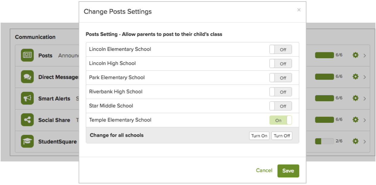 Screenshot of post settings in ParentSquare platform