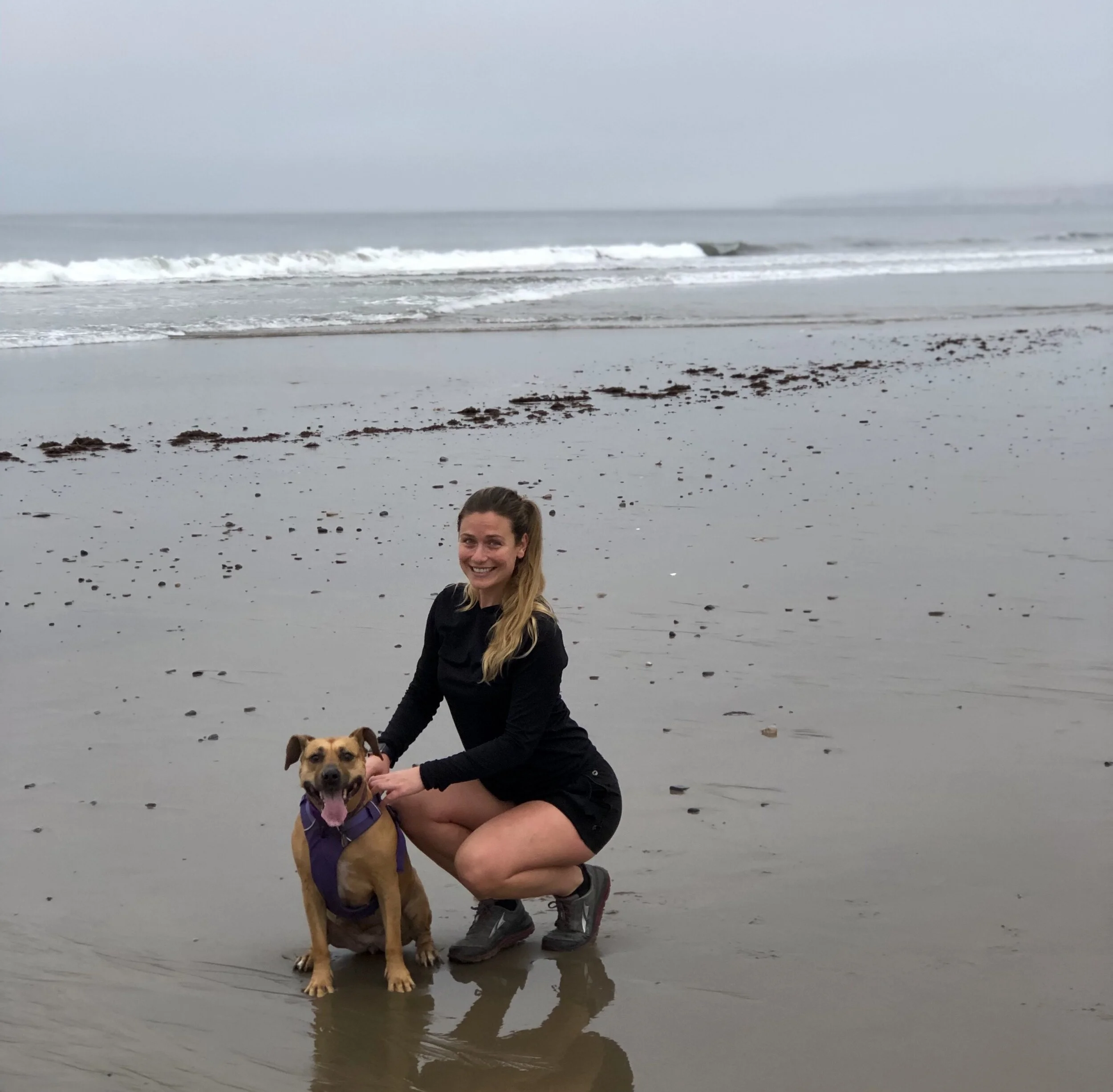 theresa and honey on a morning stroll at goleta beach.