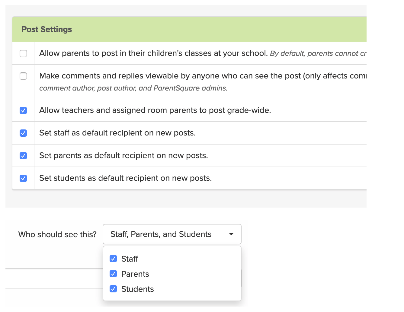 Screenshot of Post Settings in the ParentSquare platform